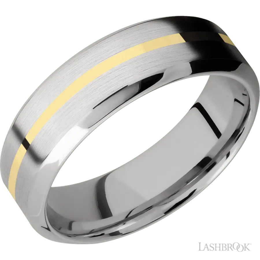 7 mm wide/High Bevel/14K White Gold band with one 1 mm Centered inlay of 14K Yellow Gold. in 14K White Gold by Lashbrook | Th