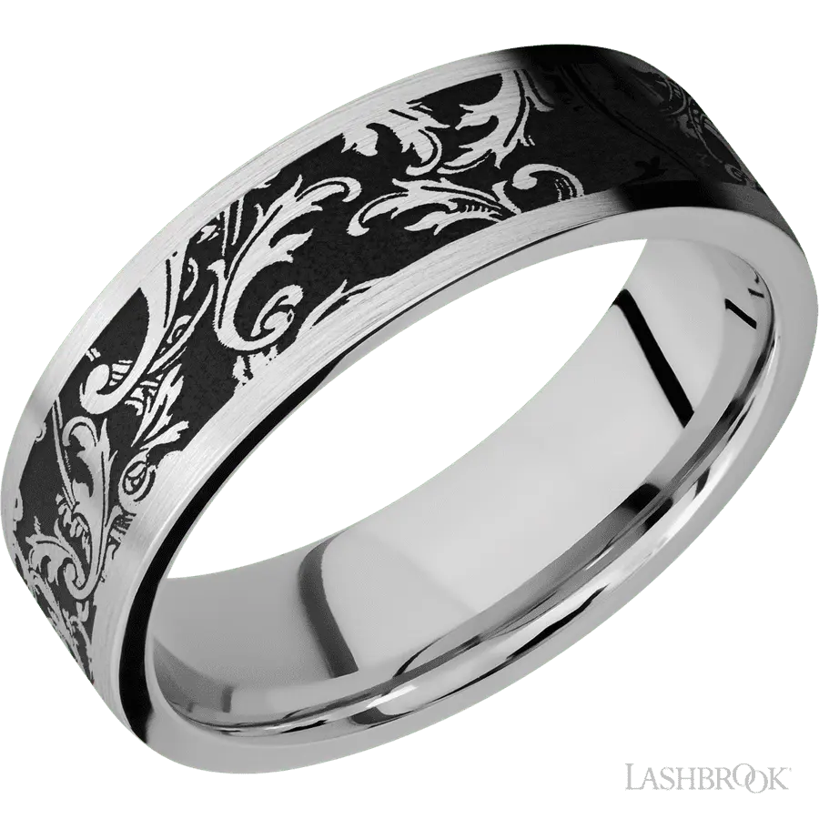 7 mm wide/Flat/Cobalt Chrome band with a laser carved Black Leaf pattern. in Cobalt by Lashbrook | The Diamond Store Las Vega