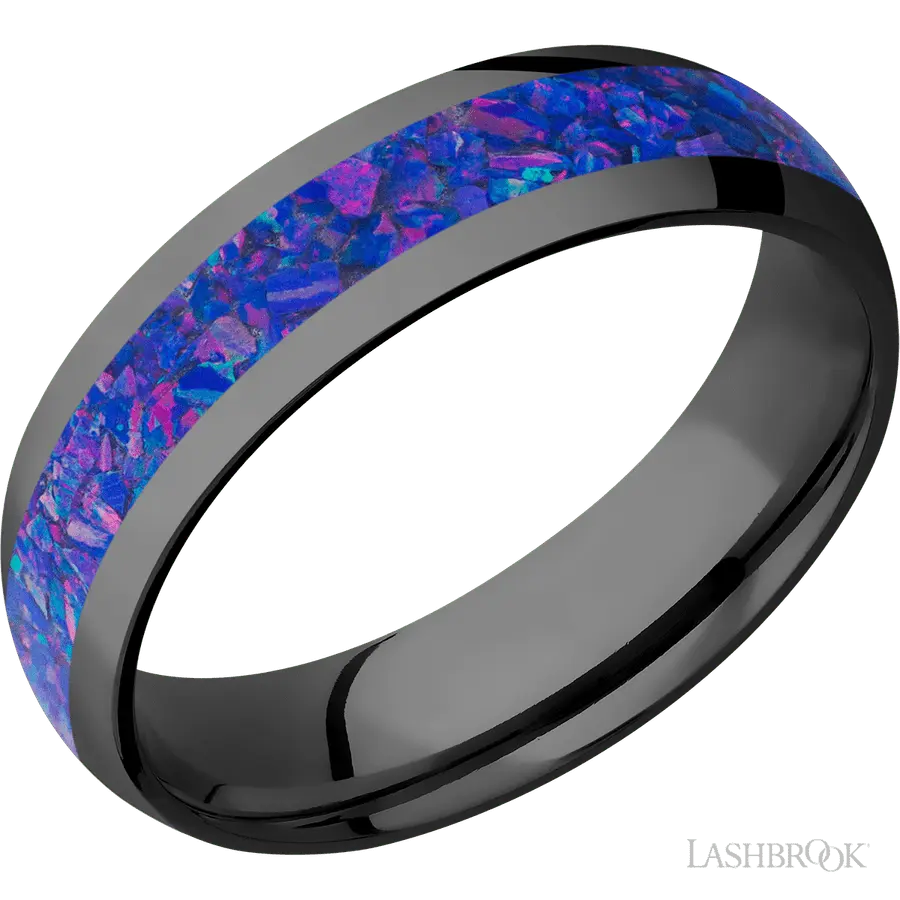 6 mm wide/Domed/Zirconium band with one 3 mm Centered inlay of Purple Opal. in Zirconium by Lashbrook | The Diamond Store Las
