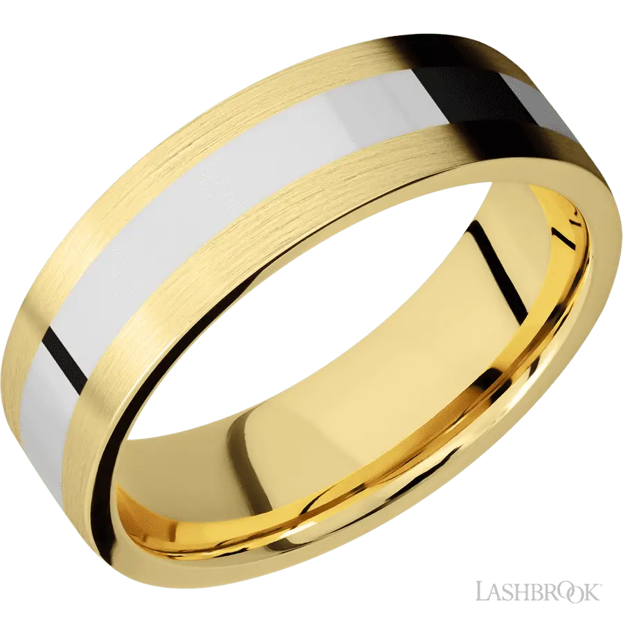 7 mm wide/Flat/14K Yellow Gold band with one 3 mm Centered inlay of 14K White Gold. in 14K Yellow Gold by Lashbrook | The Dia