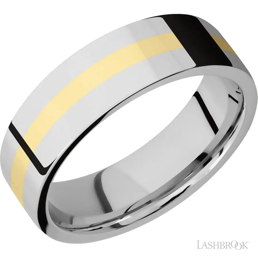 7 mm wide/Flat/14K White Gold band with one 2 mm Centered inlay of 14K Yellow Gold. in 14K White Gold by Lashbrook | The Diam
