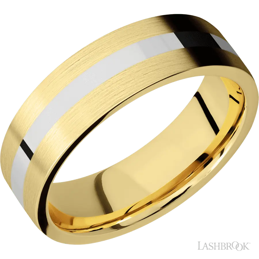 7 mm wide/Flat/14K Yellow Gold band with one 2 mm Centered inlay of 14K White Gold. in 14K Yellow Gold by Lashbrook | The Dia