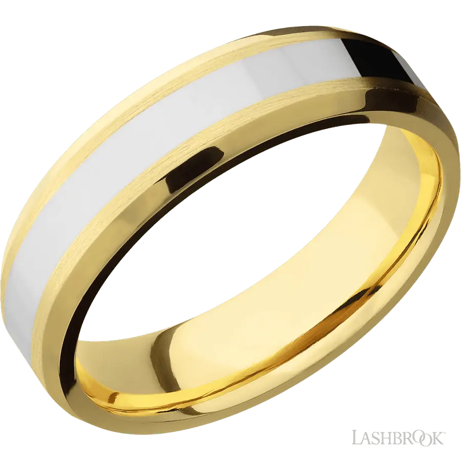 6 mm wide/Beveled/14K Yellow Gold band with one 3 mm Centered inlay of 14K White Gold. in 14K Yellow Gold by Lashbrook | The 