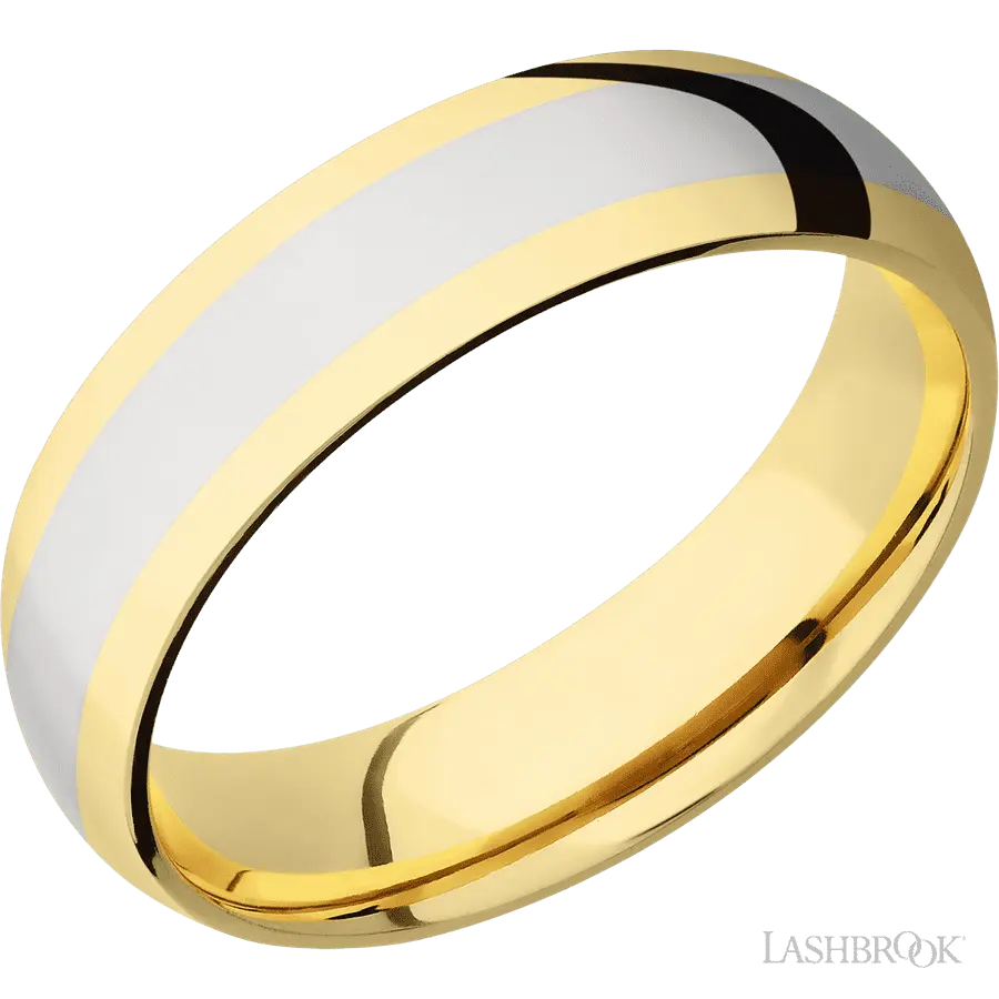 6 mm wide/Domed/14K Yellow Gold band with one 3 mm Centered inlay of 14K White Gold. in 14K Yellow Gold by Lashbrook | The Di