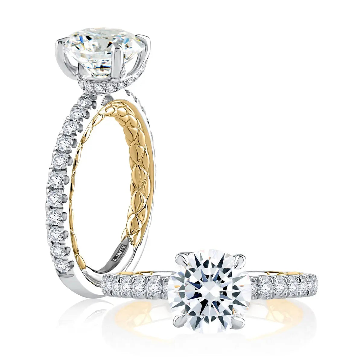 Crossover Prong Two Tone Round Cut Diamond Engagement Ring<br><span style="font-size:15px;">Style: MECRD2356Q/255</span>