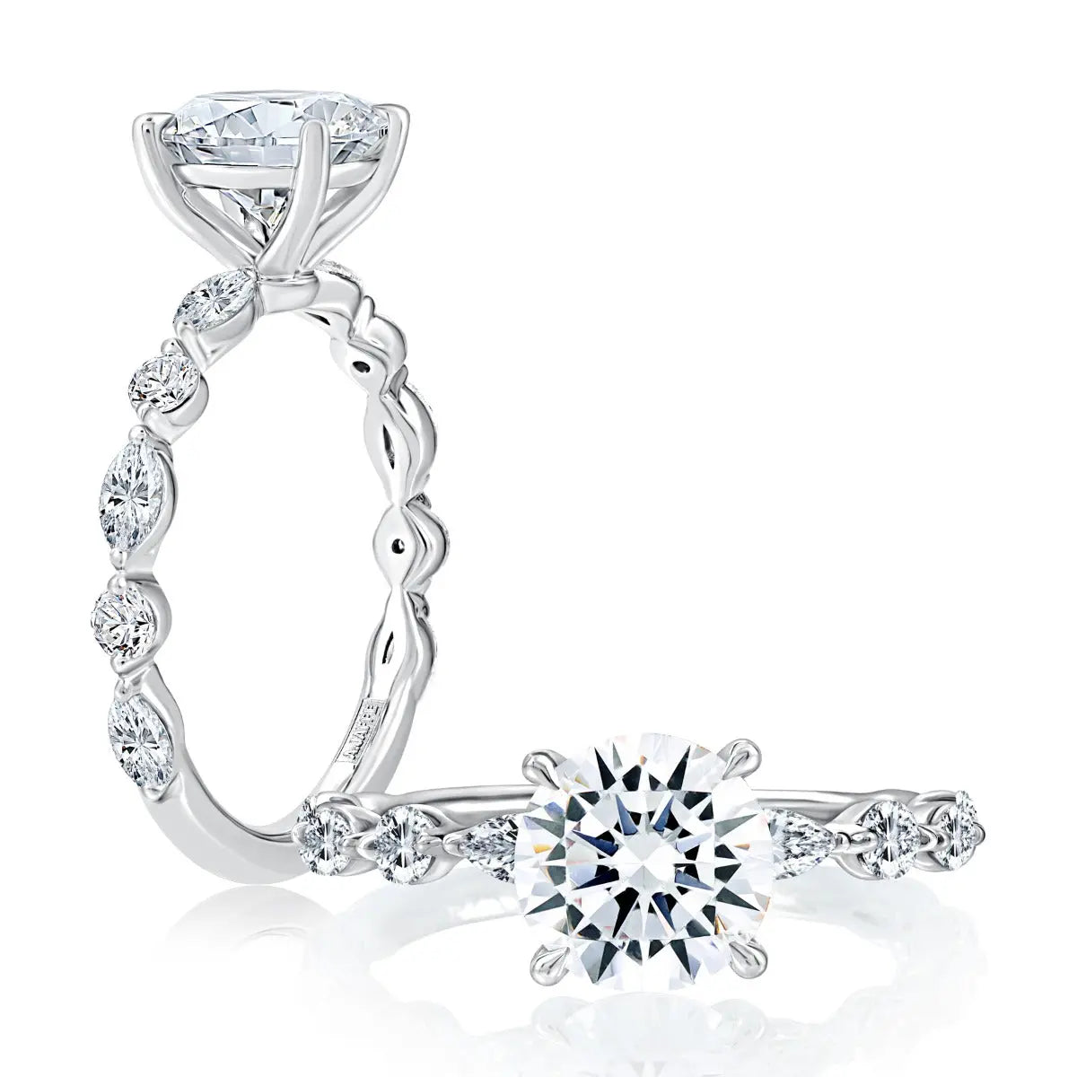 Classic Round Center Stone Diamond Engagment Ring with Alternating Shape Stones Band<br><span style="font-size:15px;">Style: MECRD2929T/162</span>