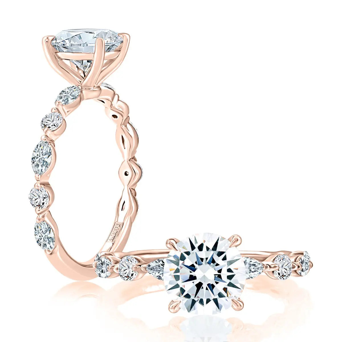 Classic Round Center Stone Diamond Engagment Ring with Alternating Shape Stones Band<br><span style="font-size:15px;">Style: MECRD2929T/162</span>
