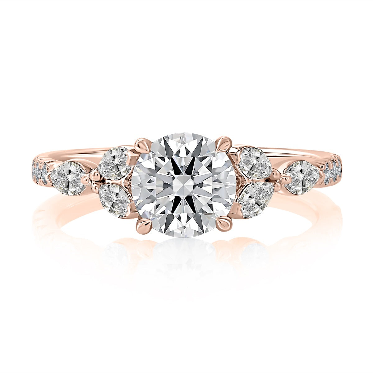 Floral Inspired Round Engagement Ring with Marquise Side Stones<br><span style="font-size:15px;">Style: MECRD3536/349</span>