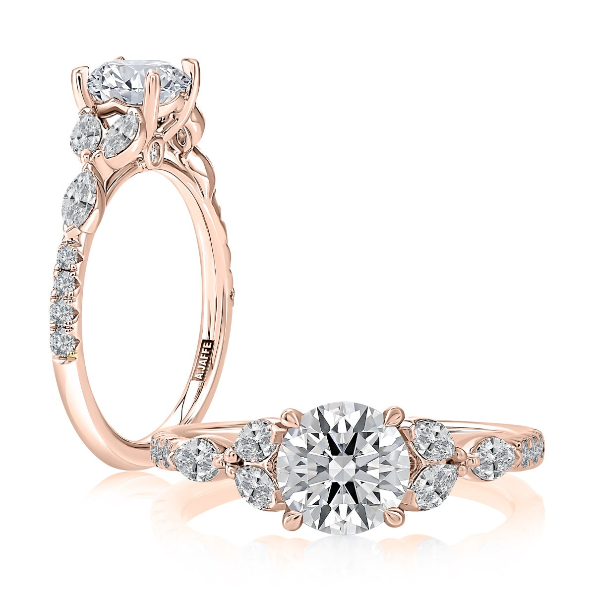 Floral Inspired Round Engagement Ring with Marquise Side Stones<br><span style="font-size:15px;">Style: MECRD3536/349</span>