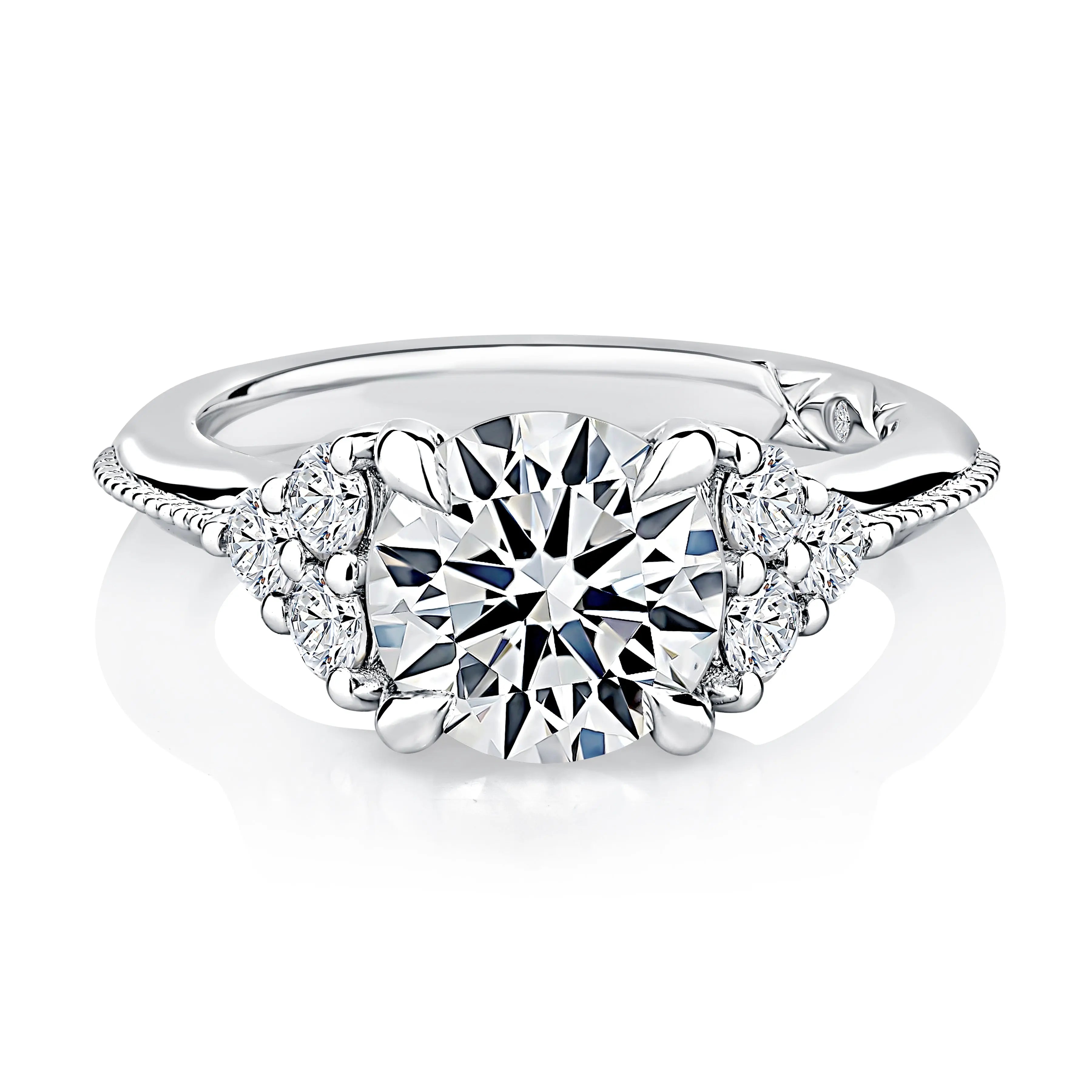 Round Center Diamond Engagement Ring with Milgrain-Accented Flanked Diamond Band<br><span style="font-size:15px;">Style: MECRD3730L/247</span>