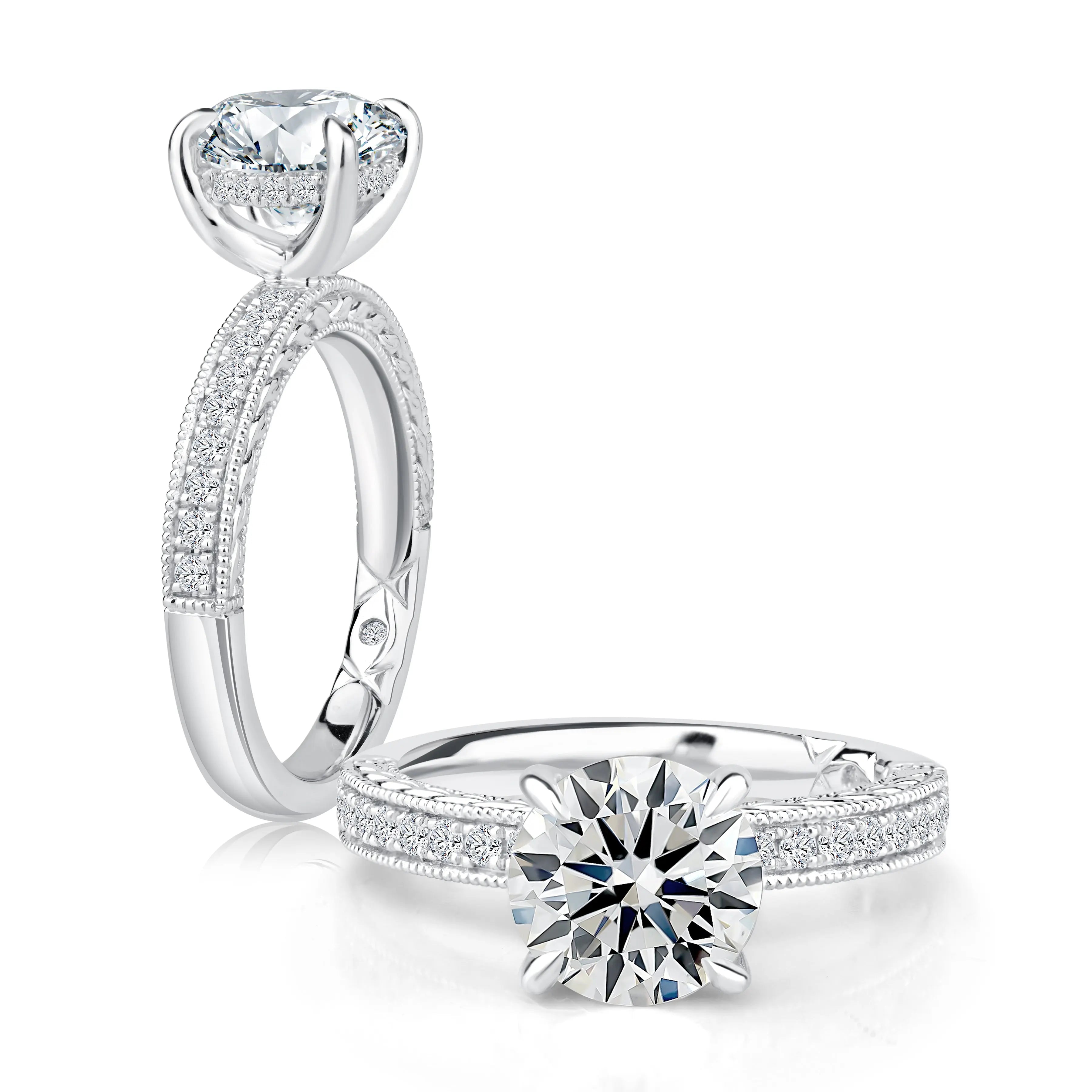 Classic Round Diamond Engagement Ring with Pave Band<br><span style="font-size:15px;">Style: MECRD3822L/230</span>
