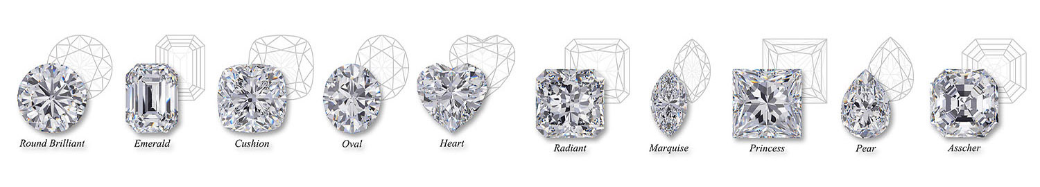 pictures and illustrations of diamond shapes, radiant, marquise, princess, pear, asscher, round brilliant, emerald, cushion, oval, heart