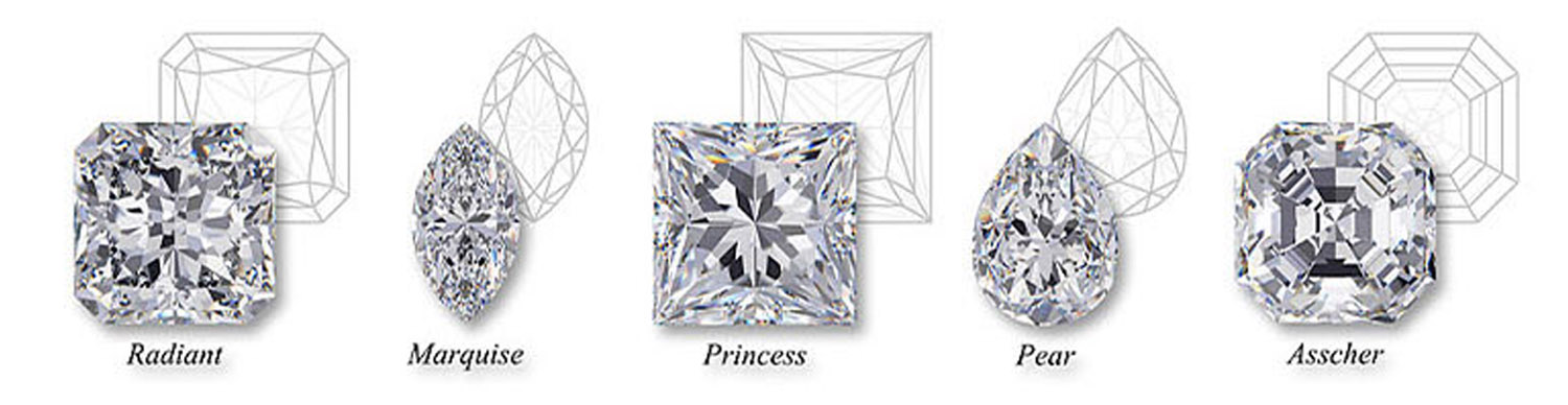 pictures and illustrations of diamond shapes, radiant, marquise, princess, pear, asscher